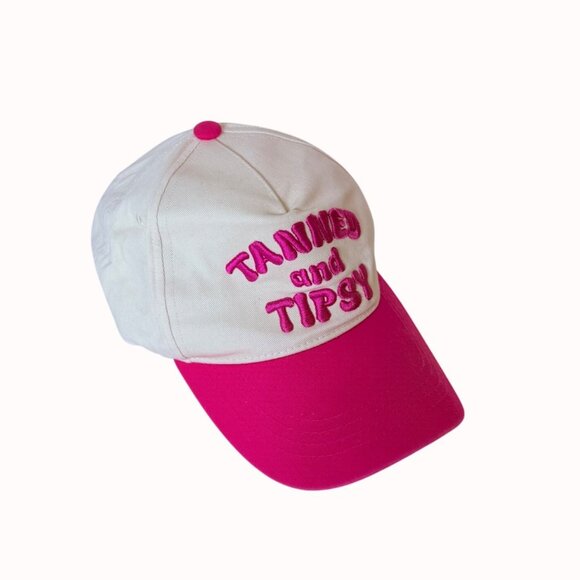 Tanned and Tipsy Embroidered Baseball Cap Pink White Hat Cruise Vacation Summer - Picture 8 of 9